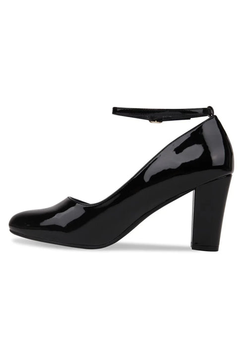 Black Ankle Strap Block Heel Court Shoes– G-1829