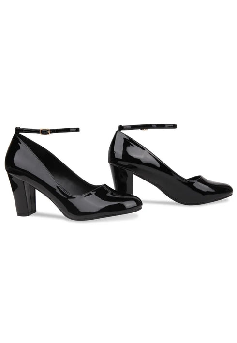 Black Ankle Strap Block Heel Court Shoes– G-1829