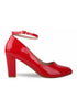Red Patent Ankle Strap Block Heel Court Shoes Buckle Closure 1829
