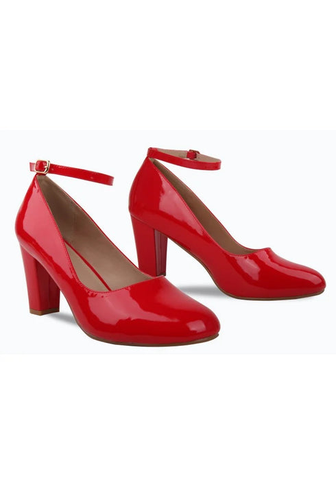 Red Patent Ankle Strap Block Heel Court Shoes Buckle Closure 1829