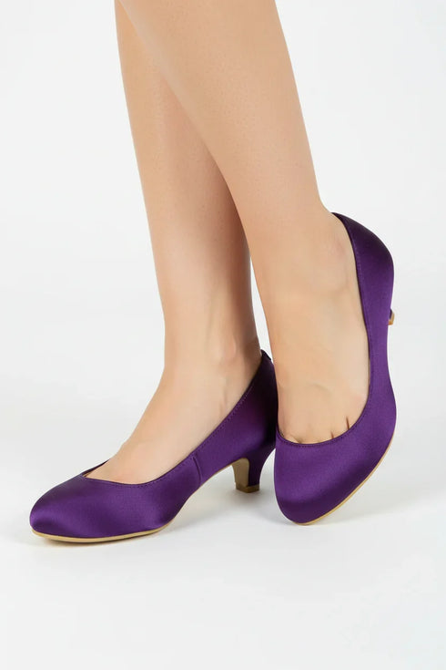 Women Round Toe Kitten Heel Shoes Purple Satin G-20