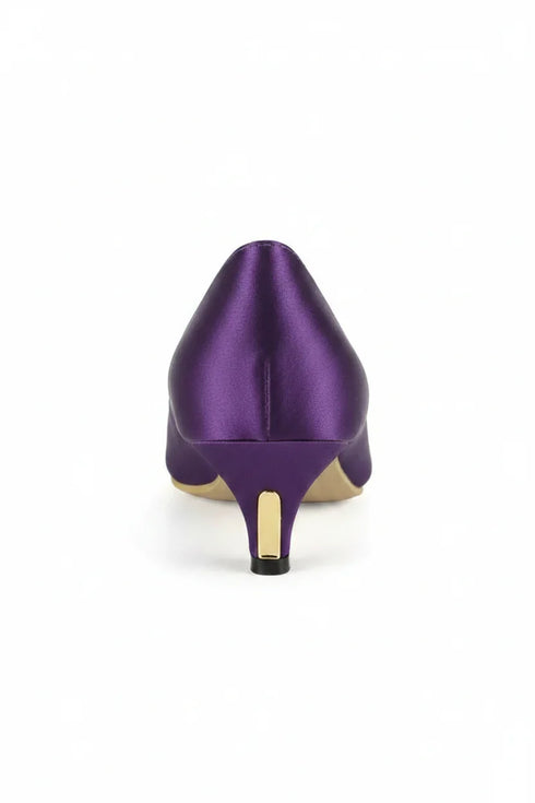 Women Round Toe Kitten Heel Shoes Purple Satin G-20