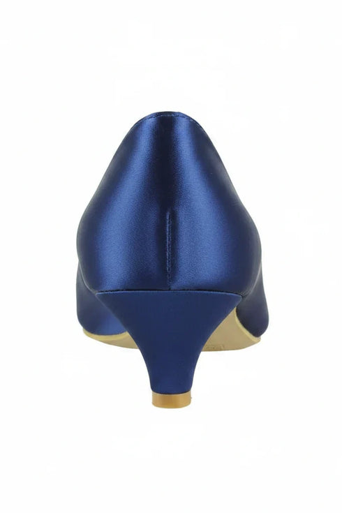 Women Round Toe Kitten Heel Shoes Navy Satin G-20