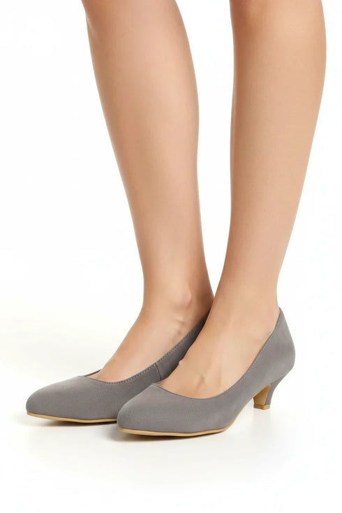 Women Round Toe Kitten Heel Shoes Grey Suede G-20