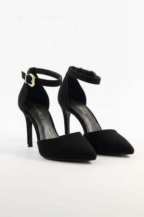 Women's Black Suede Ankle Strap Stiletto Court Shoes Pointed Toe 221