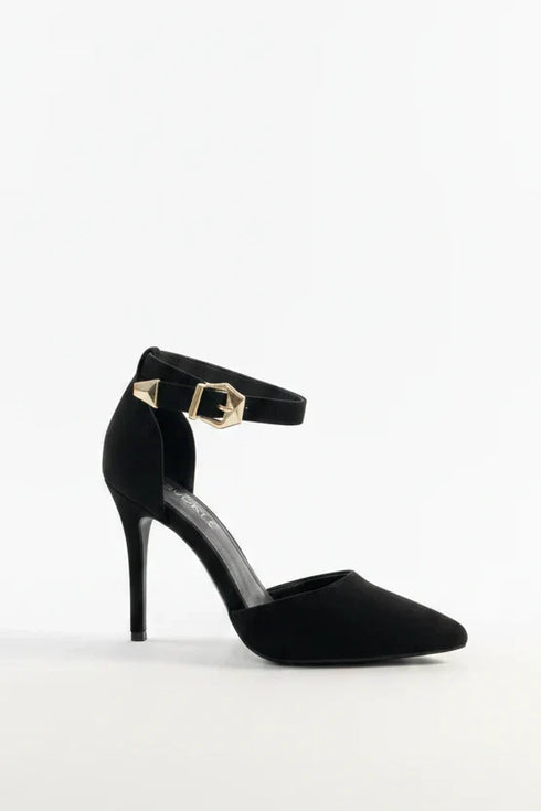 Women's Black Suede Ankle Strap Stiletto Court Shoes Pointed Toe 221