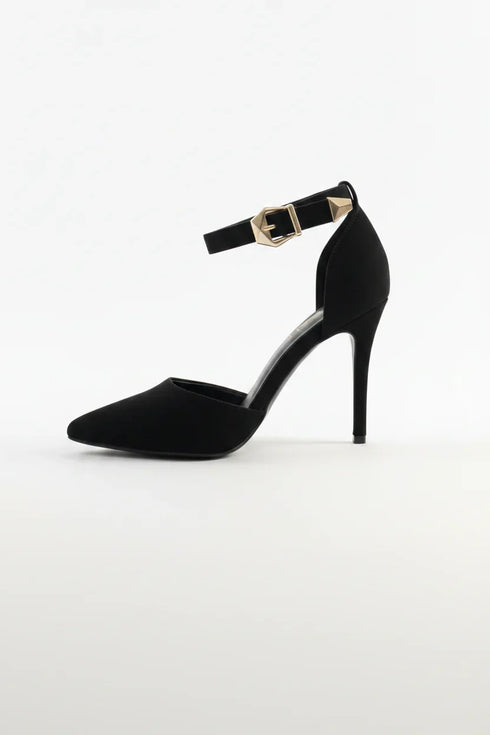 Women's Black Suede Ankle Strap Stiletto Court Shoes Pointed Toe 221