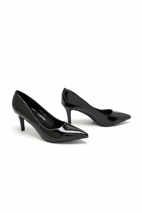 Womens Mid Heels Pointed Toe Party Court Shoes- Black Patent G-923-7