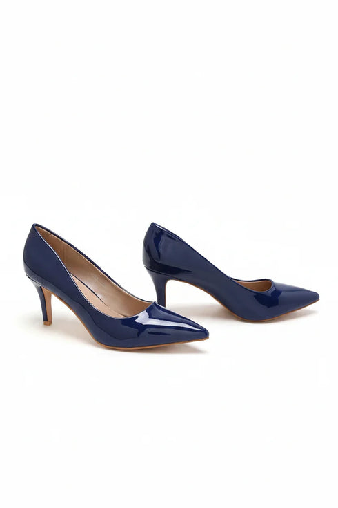 Womens Mid Heels Pointed Toe Party Court Shoes- Navy Patent G-923-6