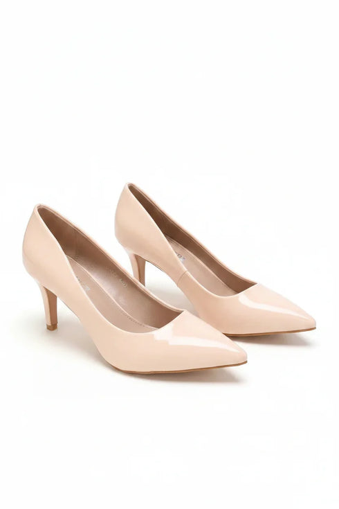 Womens Mid Heels Pointed Toe Party Court Shoes- Nude Patent G-923-4