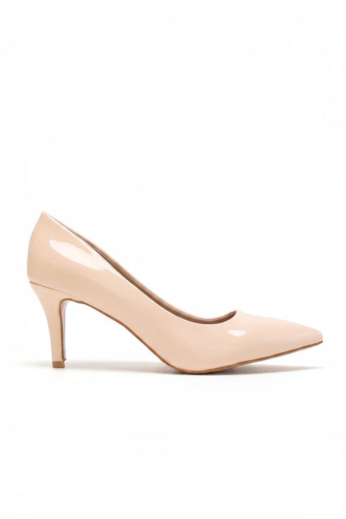 Womens Mid Heels Pointed Toe Party Court Shoes- Nude Patent G-923-4