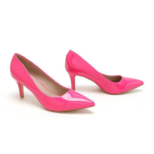 Womens Mid Heels Pointed Toe Party Court Shoes- Hot Pink Patent G-923-3