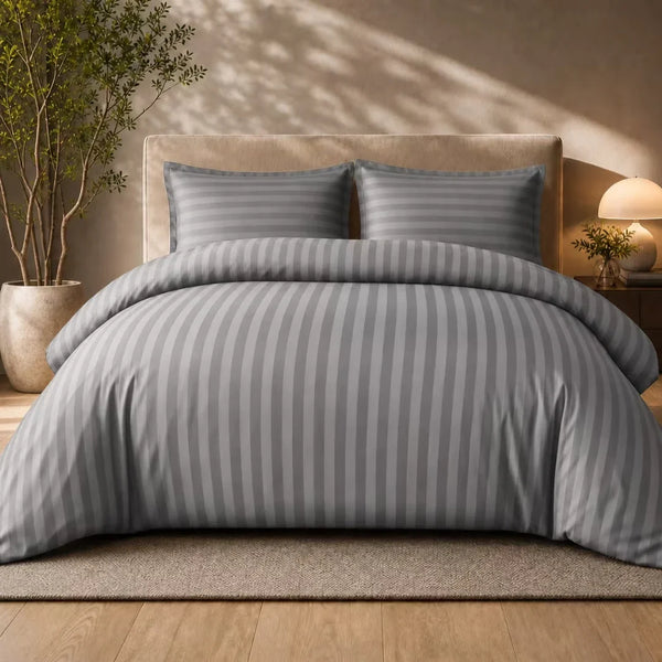 Luxury 4pc Satin Stripe Duvet Cover Set with Fitted Sheet – Soft Hotel Quality Bedding