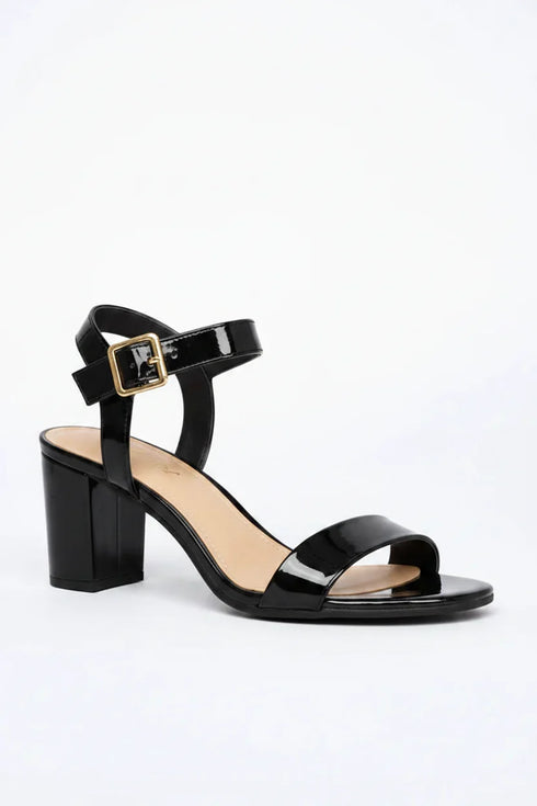 Women's Black Patent Ankle Strap Block Heel Sandals Open Toe Buckle 1840