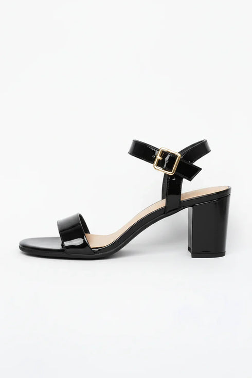 Women's Black Patent Ankle Strap Block Heel Sandals Open Toe Buckle 1840