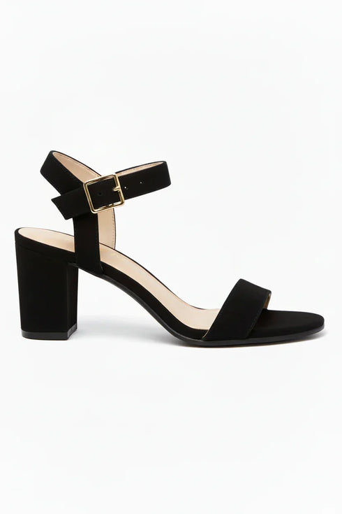 Women's Black Suede Ankle Strap Block Heel Sandals Open Toe Buckle 1840