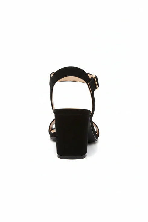 Women's Black Suede Ankle Strap Block Heel Sandals Open Toe Buckle 1840