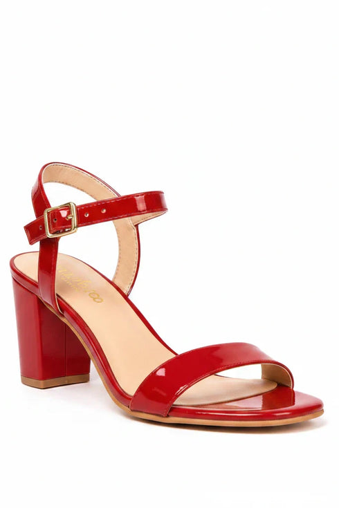Women's Red Patent Ankle Strap Block Heel Sandals Buckle Round Toe G-1840