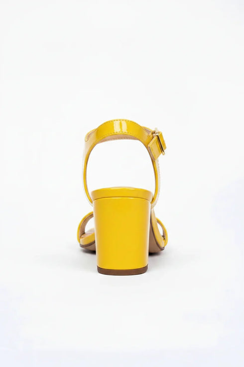 Women's Yellow Patent Ankle Strap Block Heel Sandals Buckle Round Toe 1840