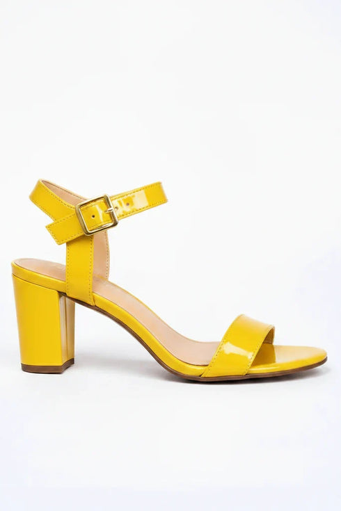 Women's Yellow Patent Ankle Strap Block Heel Sandals Buckle Round Toe 1840