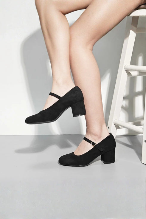 Black Suede Round Toe Block Kitten Heel Mary Jane Shoes – G-1830-3