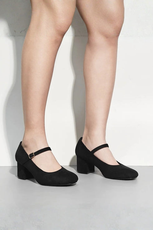 Black Suede Round Toe Block Kitten Heel Mary Jane Shoes – G-1830-3