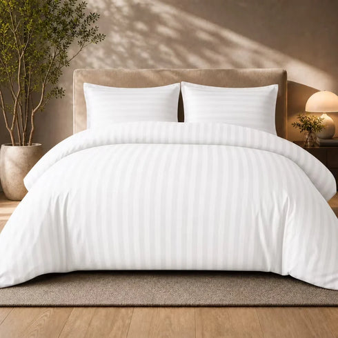 Luxury 4pc Satin Stripe Duvet Cover Set with Fitted Sheet – Soft Hotel Quality Bedding
