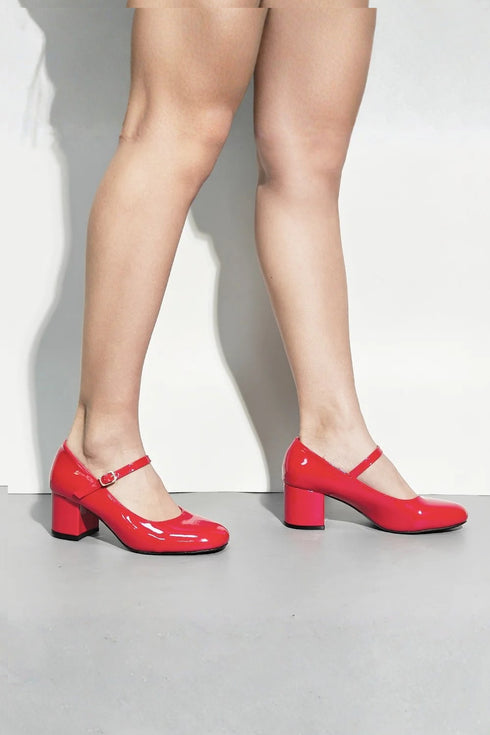 Red Patent Round Toe Block Heel Mary Jane Strap Shoes G-1830-3