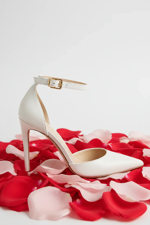 Women's White Matte Ankle Strap Stiletto Court Shoes Pointed Toe 221