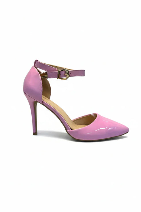 Women's Pink Patent Ankle Strap Stiletto Court Shoes Pointed Toe 221