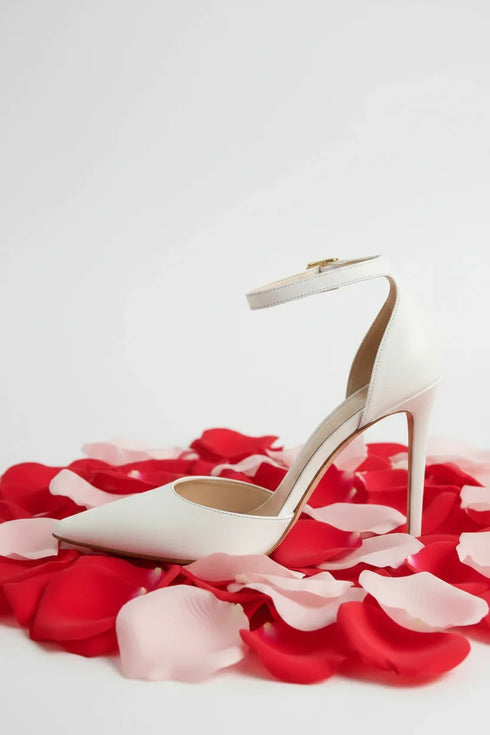 Women's White Matte Ankle Strap Stiletto Court Shoes Pointed Toe 221