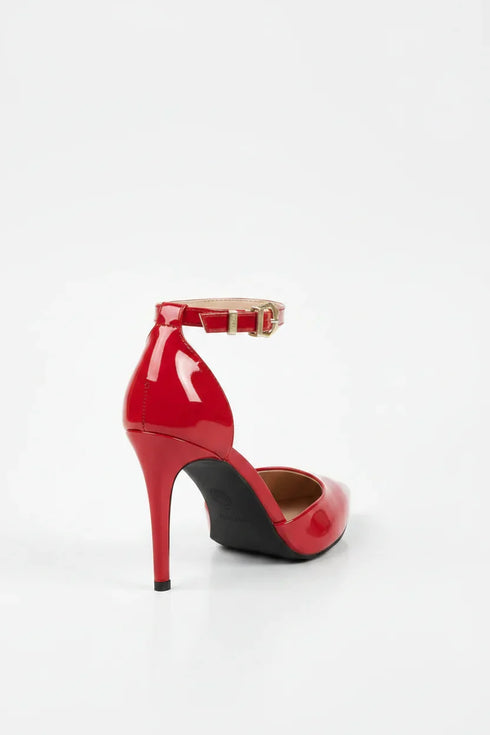 Women's Red Patent Ankle Strap Stiletto Court Shoes Pointed Toe 221