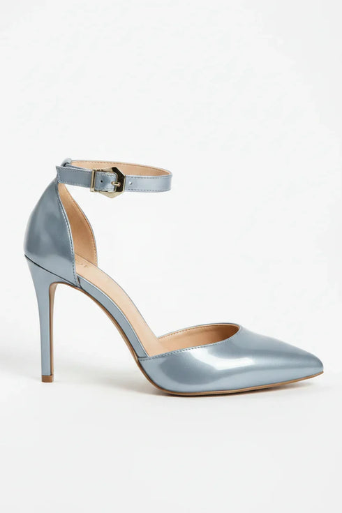 Women's Silver Patent Ankle Strap Stiletto Court Shoes Pointed Toe 221