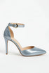 Women's Silver Patent Ankle Strap Stiletto Court Shoes Pointed Toe 221