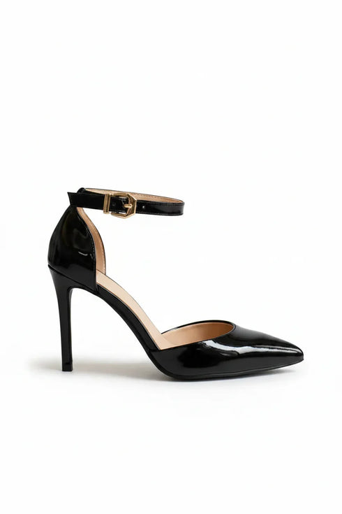 Women's Black Patent Ankle Strap Stiletto Court Shoes Pointed Toe 221