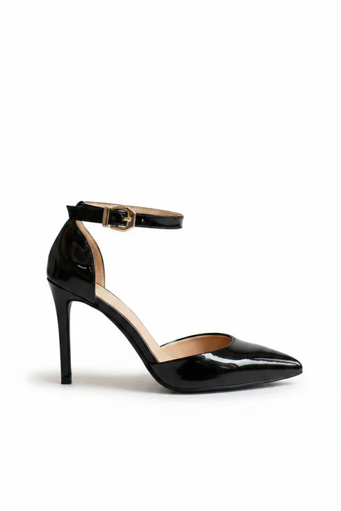 Women's Black Patent Ankle Strap Stiletto Court Shoes Pointed Toe 221