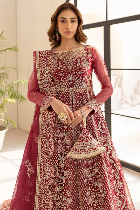 Farasha Embroidered Net Suit Carmine Allure