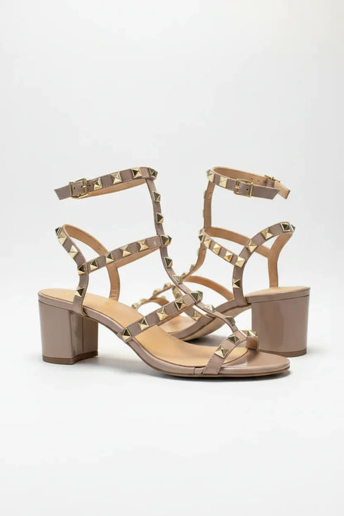 Women's Nude Patent Gladiator Block Heel Sandals Multi Strap Open Toe BS-7