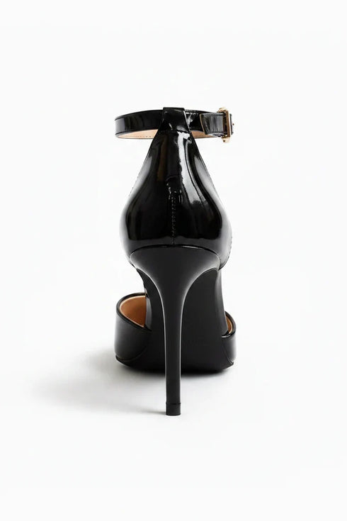Women's Black Patent Ankle Strap Stiletto Court Shoes Pointed Toe 221