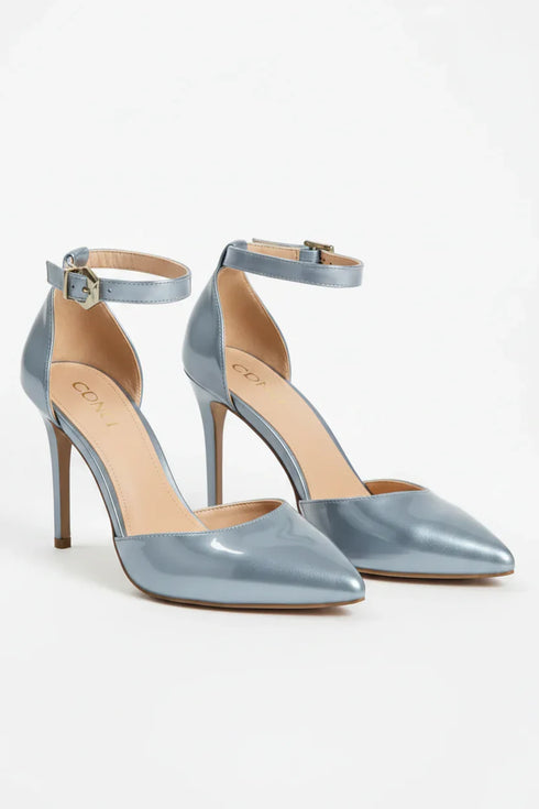 Women's Silver Patent Ankle Strap Stiletto Court Shoes Pointed Toe 221