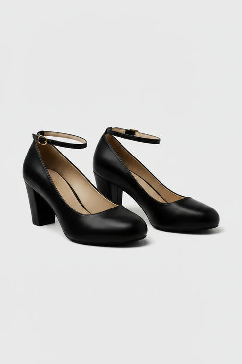 Women's Black Matte Ankle Strap Block Heel Court Shoes Round Toe 1829