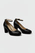 Women's Black Matte Ankle Strap Block Heel Court Shoes Round Toe 1829