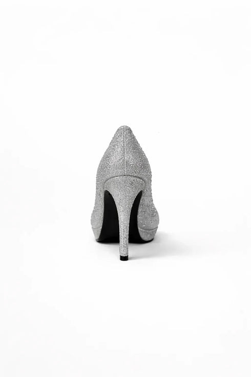 Silver Glitter Round Toe Diamante Stiletto High Heel Court Shoes – 014