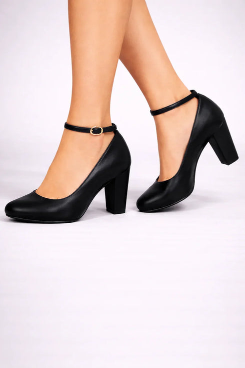Women's Black Matte Ankle Strap Block Heel Court Shoes Round Toe 1829