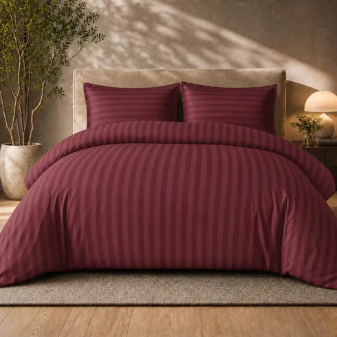 Luxury 4pc Satin Stripe Duvet Cover Set with Fitted Sheet – Soft Hotel Quality Bedding