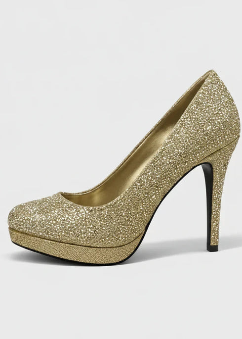 Gold Glitter Round Toe Diamante Stiletto High Heel Court Shoes – 014