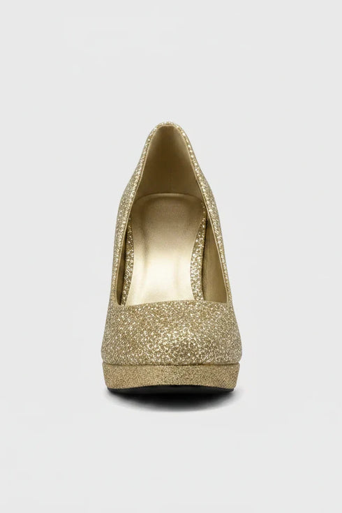 Gold Glitter Round Toe Diamante Stiletto High Heel Court Shoes – 014