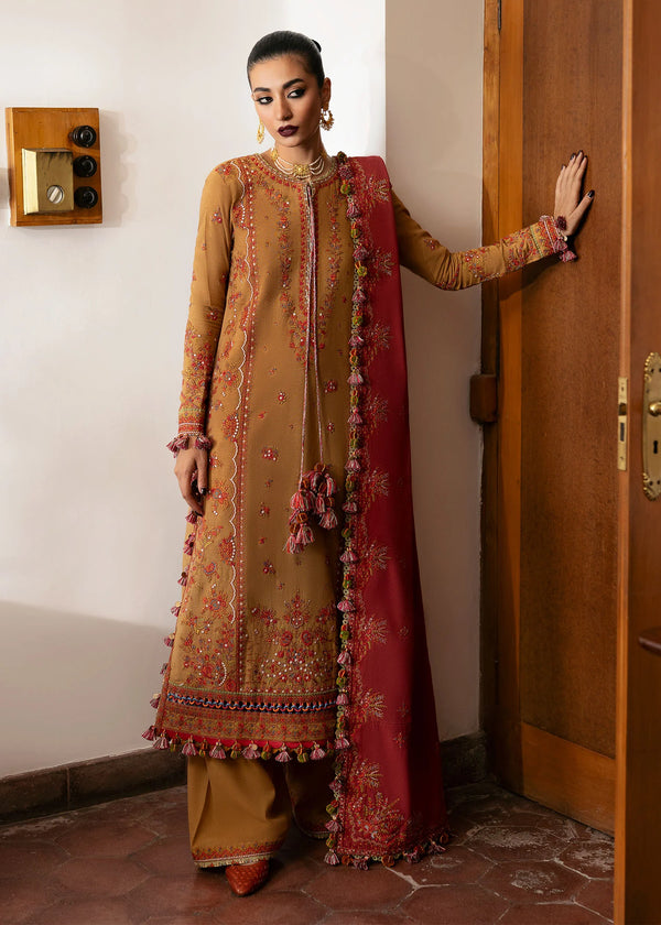 Hussain Rehar Embroidered  Karandi 3 Piece Suit Tawn
