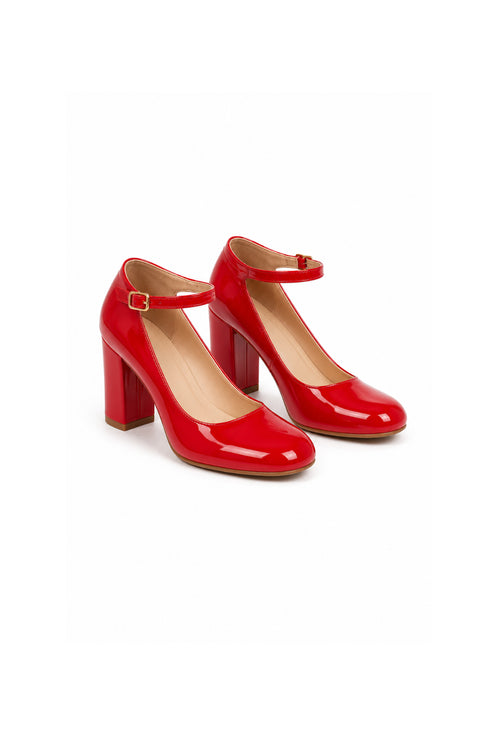 Red Patent Ankle Strap Block Heel Court Shoes Buckle Closure 1829