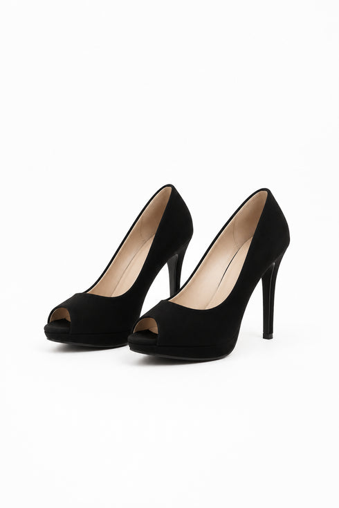 Black Suede Peep Toe High Heel Court Shoes – G-926